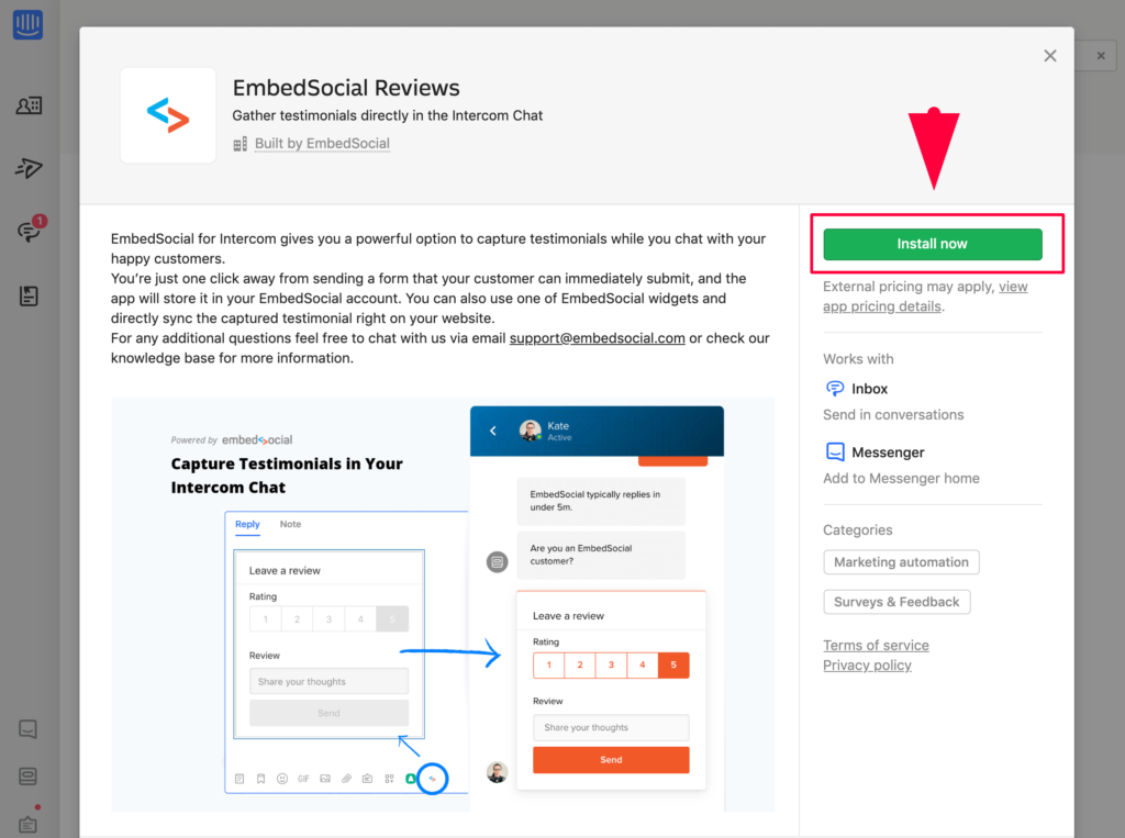 Install embedsocial intercom app