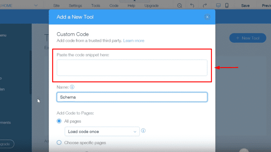 paste schema snippet in wix