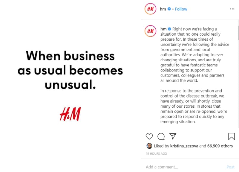 H&M announcement corona on instagram