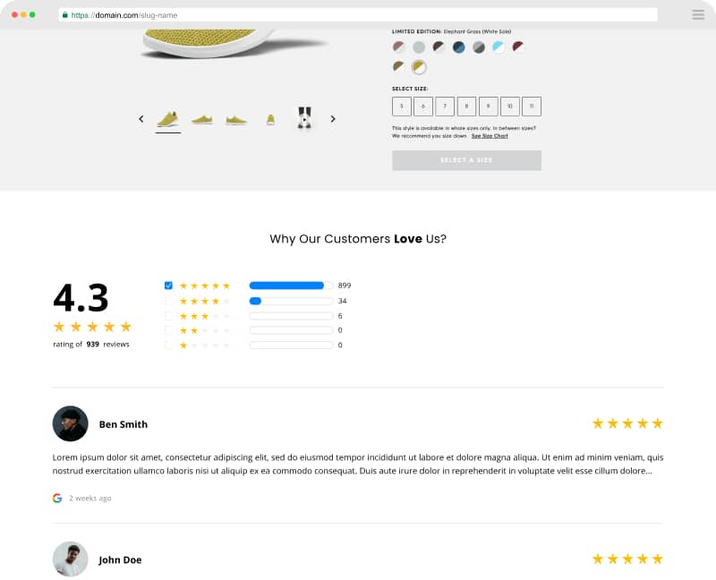 testimonials widget ecommerce page