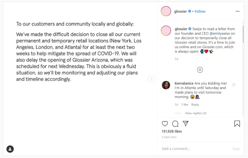 gloosier announcment corona on instagram