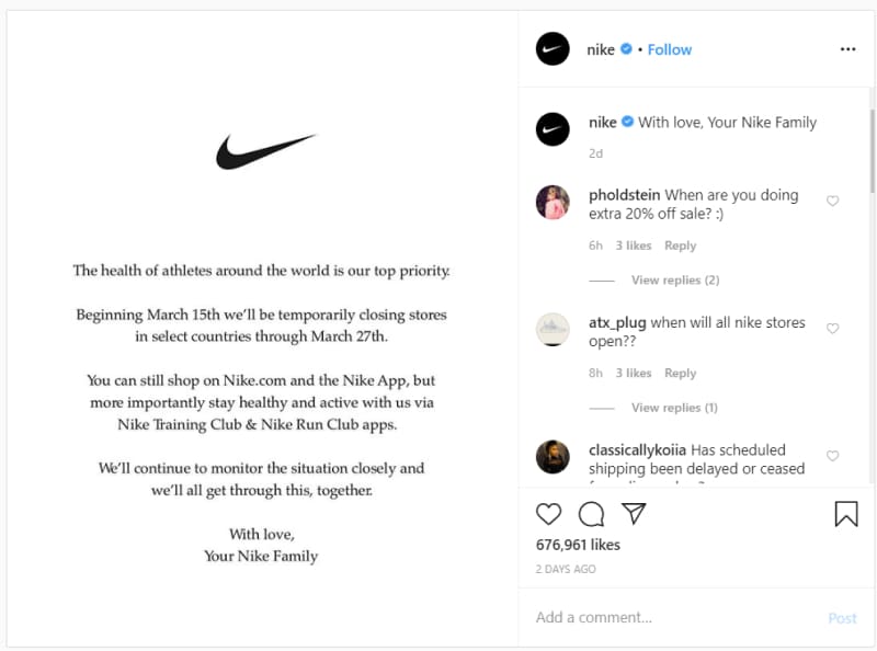 Nike announcement corona on instagram