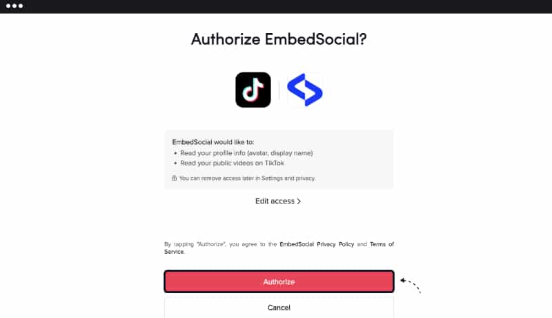 Click to authorize TikTok