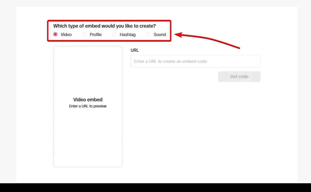 choosing the tiktok content type to embed