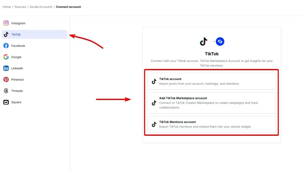connecting a tiktok account in embedsocial