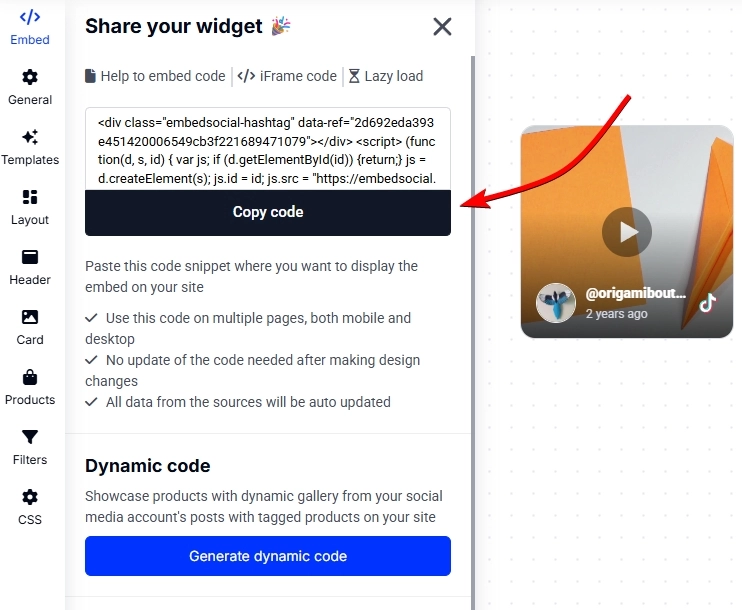 copying the embeddable widget code from embedsocial