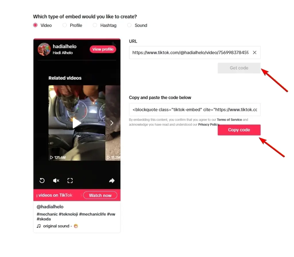 getting the embeddable tiktok video widget code