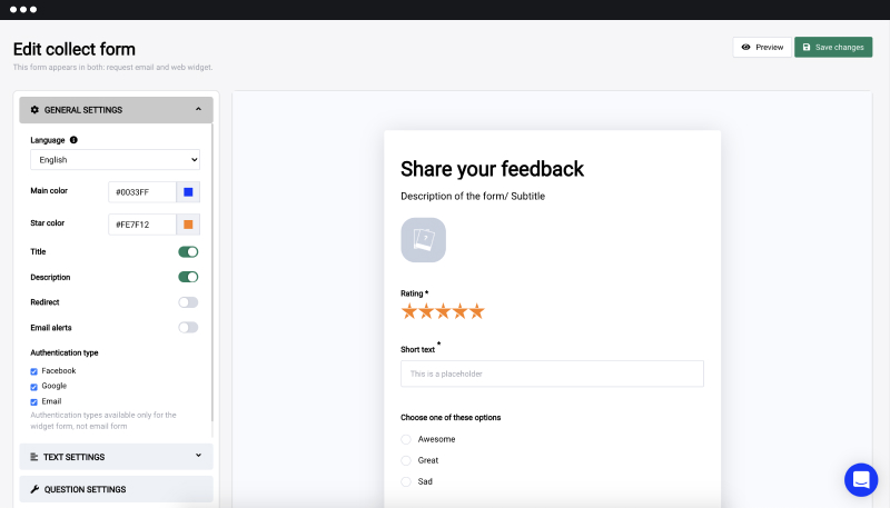 criador de formulários de feedback para a Shopify