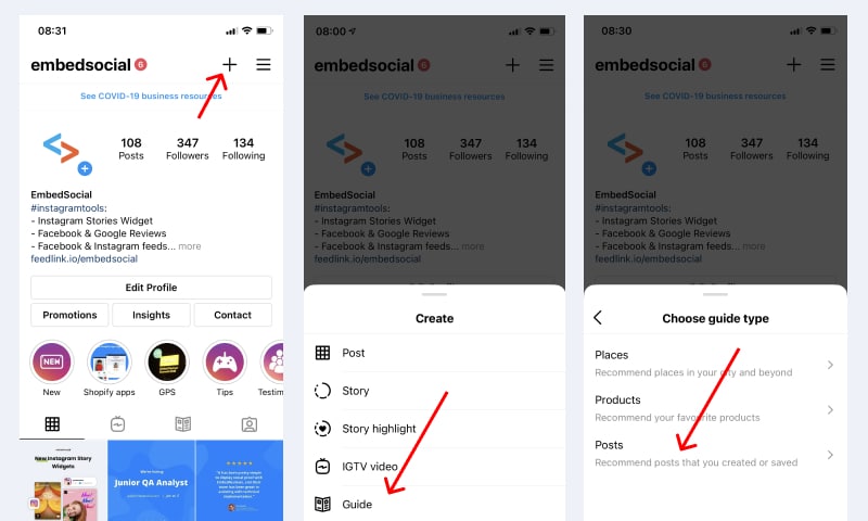 instagram guides plus option on profile