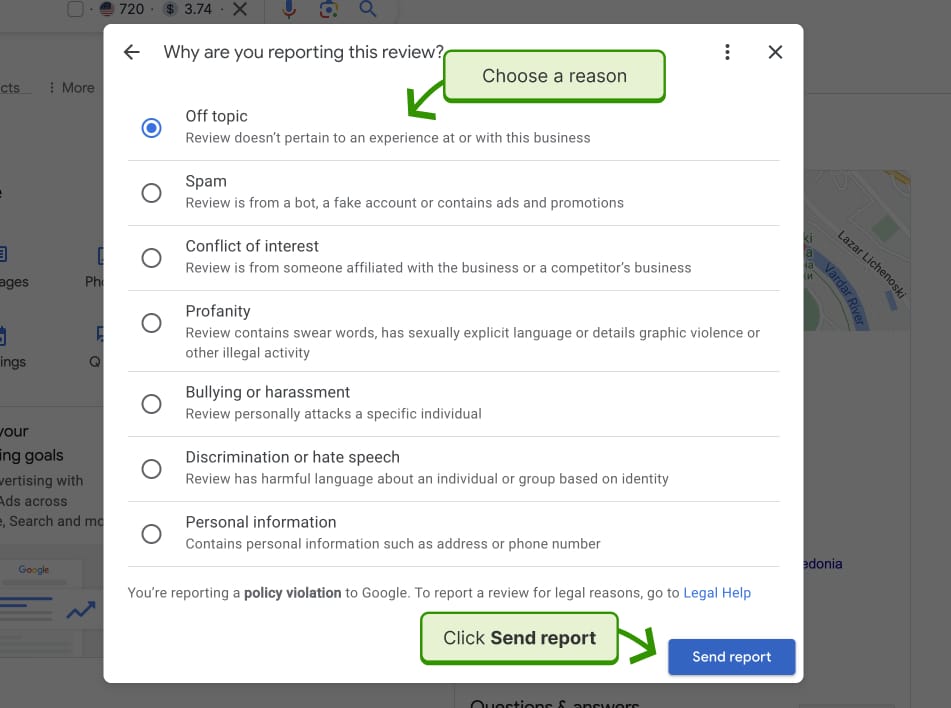 Choose a reason to report a Google review