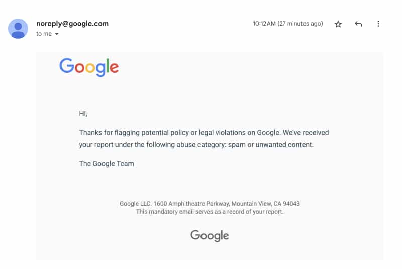 Email confirmation of a reported Google review
