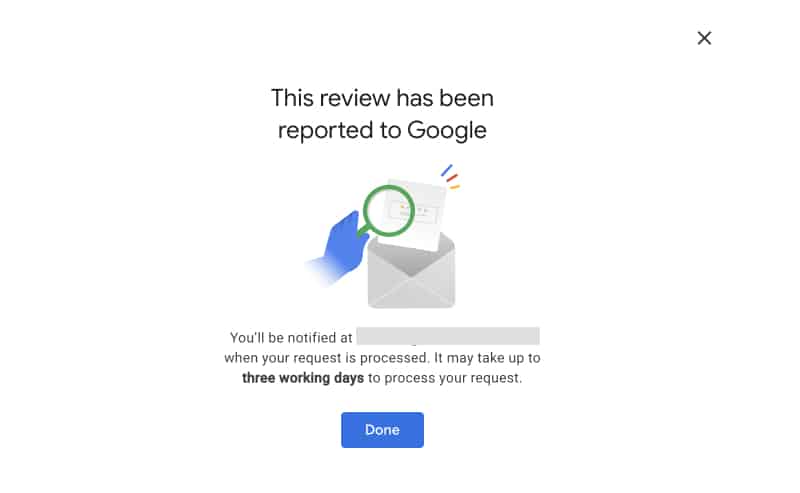 Confirmation of received report for a Google review