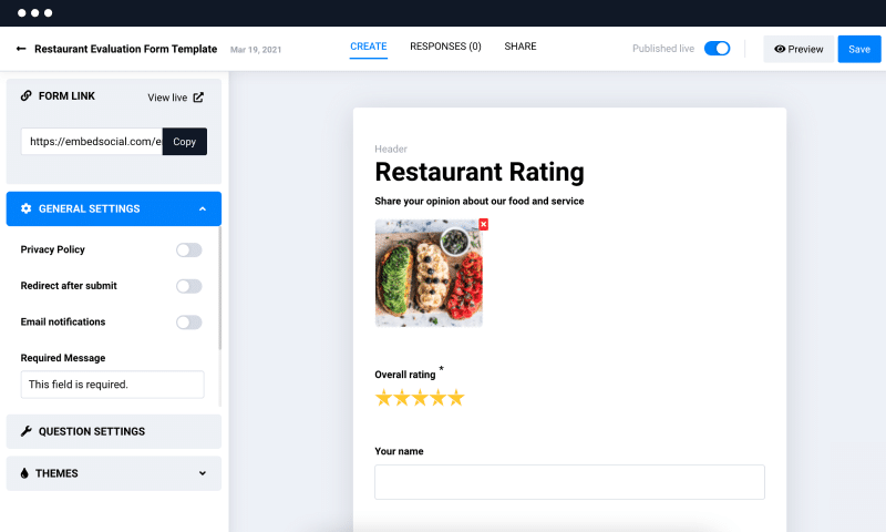 embedforms for restaurant