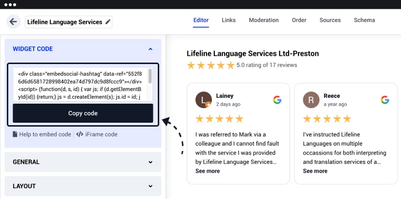 Copy reviews widget code