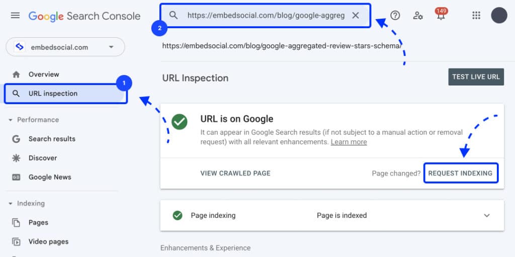 new Google console request indexing steps
