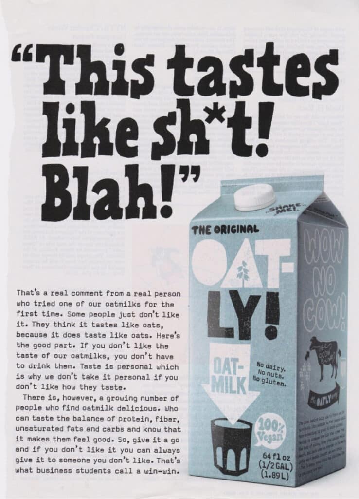 Oatly packaging with negative review