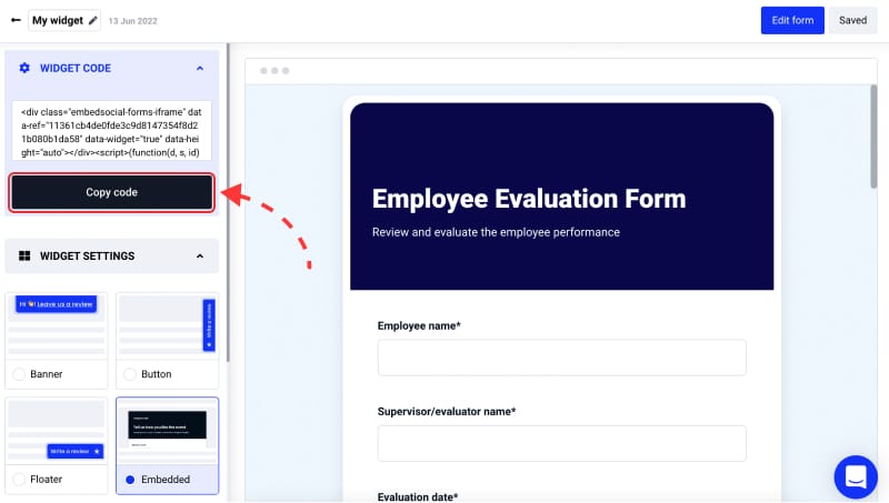 embed code for form on. website