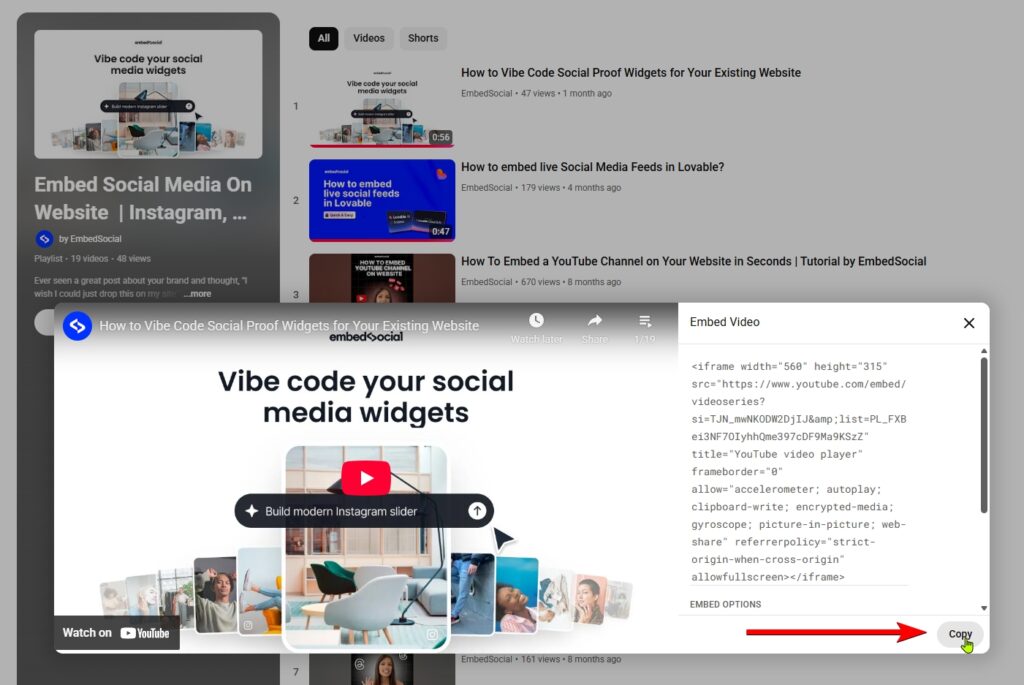 copying the embed code of a youtube playlist
