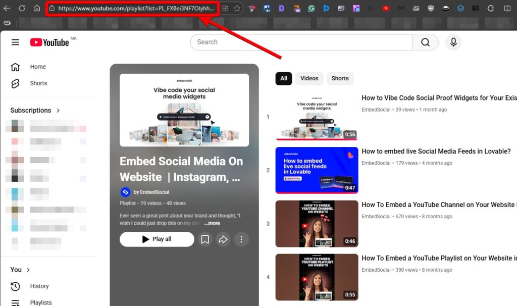 copying youtube playlist url