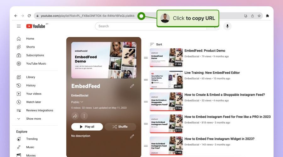 Tutorial to copy a URL of a YouTube playlist