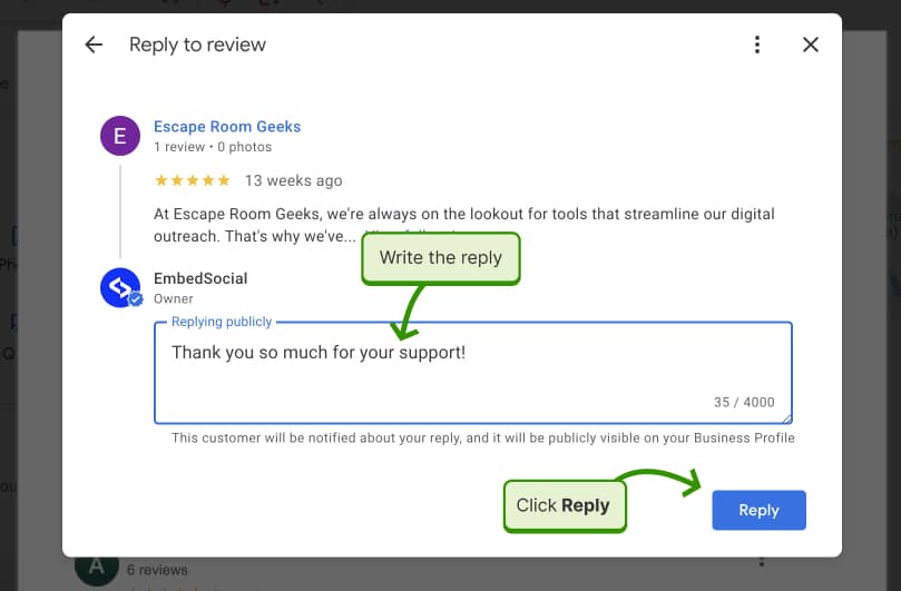 replying to a google review via gbp dashboard