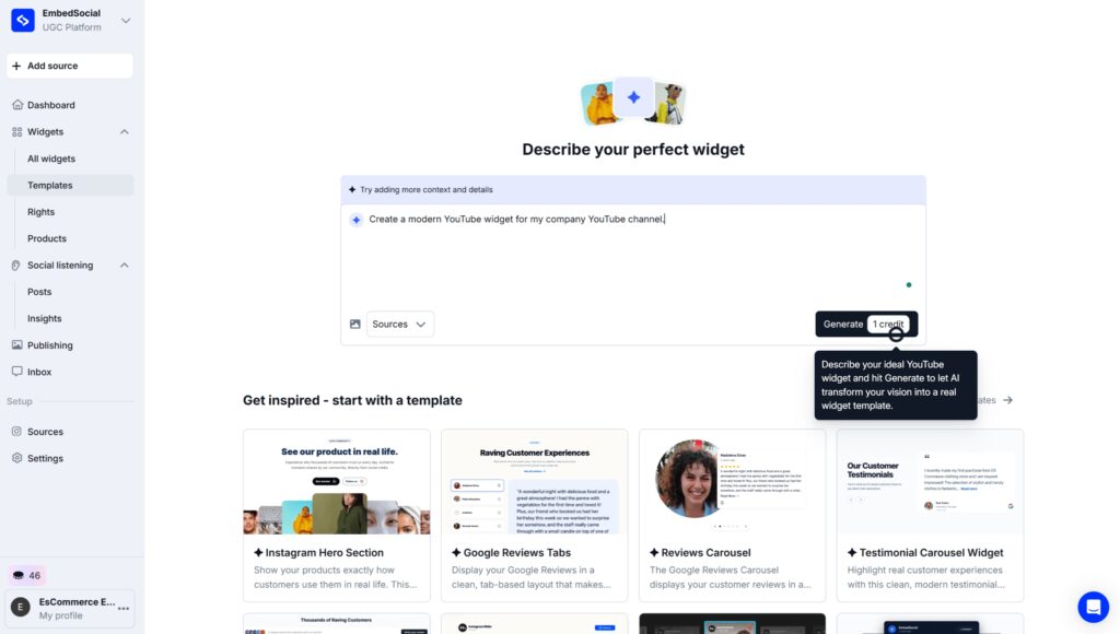 add youtube widget prompt