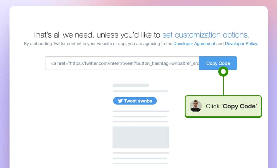 Embed code for a button to Twitter hashtag feed