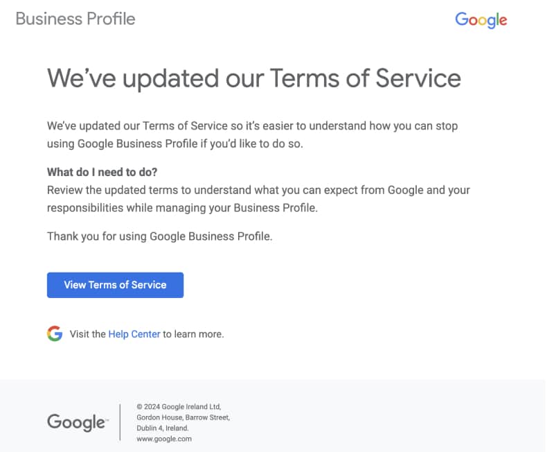 New terms of services for Google business profiles