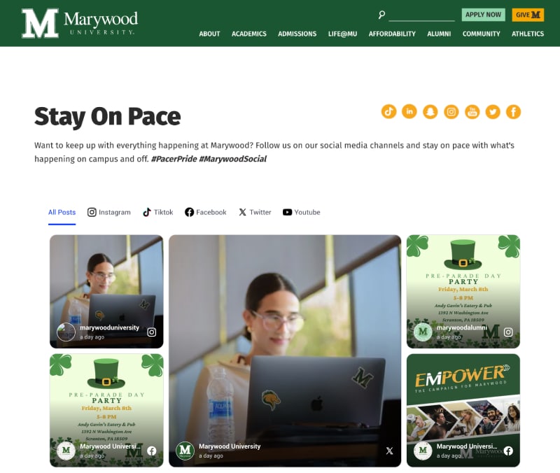 Marywood university hashtag feed widget from Instagram on their website