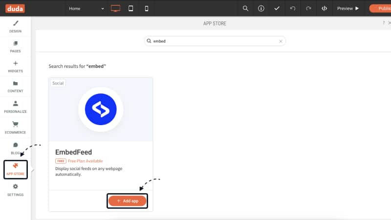 select embedfeed in duda app store