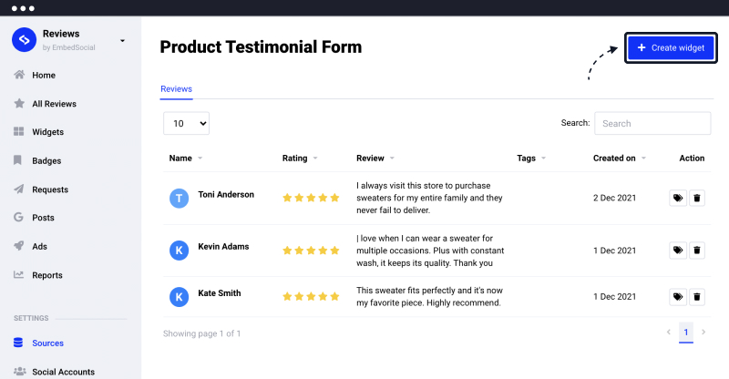 create reviews widget with survey responses