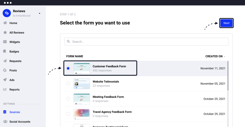 select testimonials form to connect with EmbedReviews