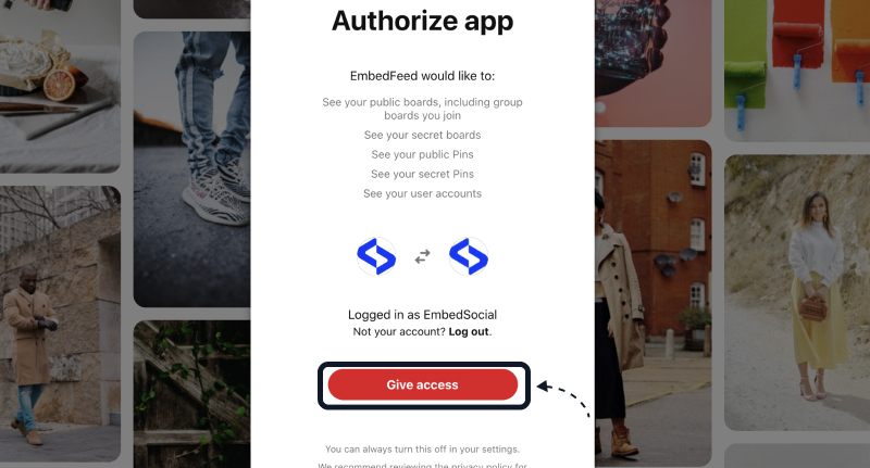 Connect Pinterest and allow permissions