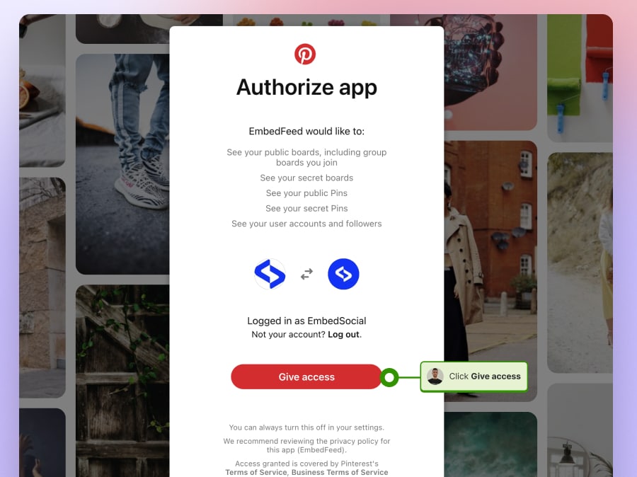 Provide permissions to Pinterest to generate the boards