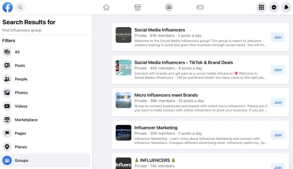 Find influencers in Facebook groups