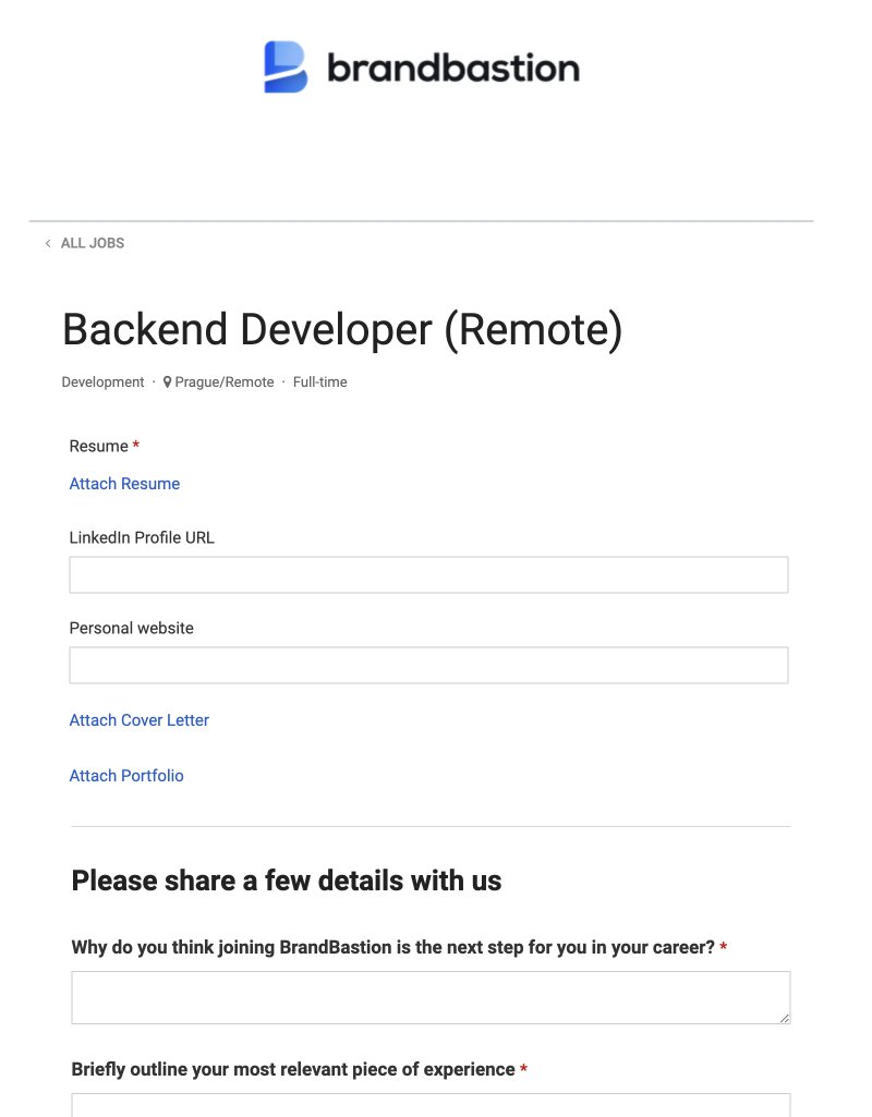 Sample job application form for a backend developer
