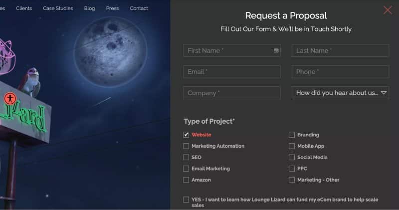 Lounge Lizzard’s Request a proposal form