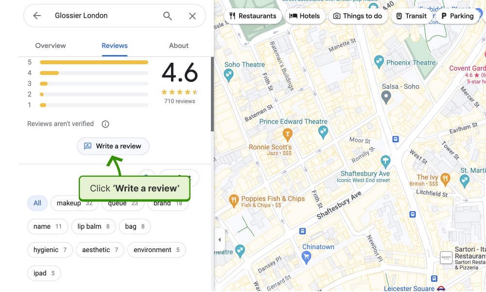 Click the write a review button on Google maps