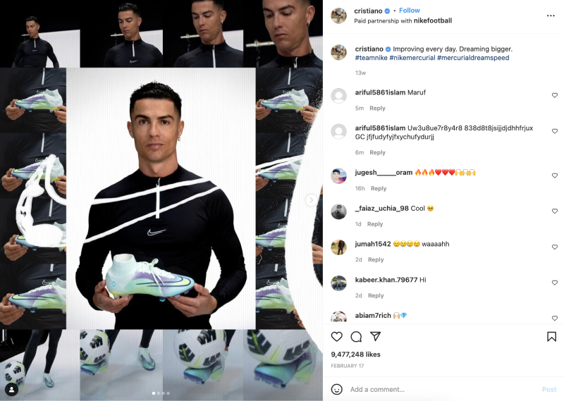 Colaboração de Ronaldo com a nike no Instagram