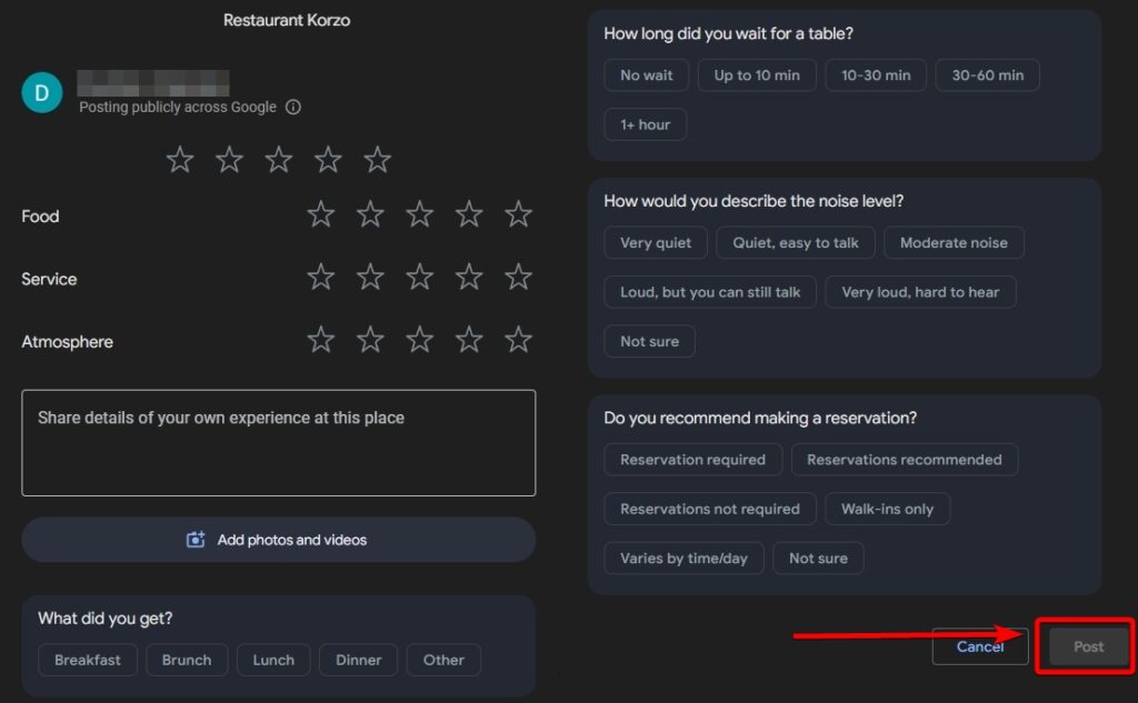 writing a google review via google search