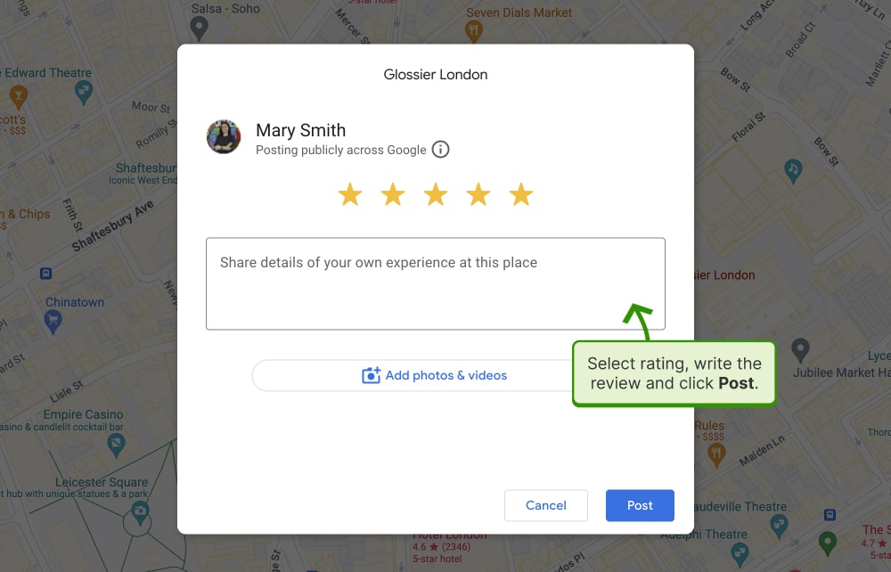 Google maps desktop option to write a Google review