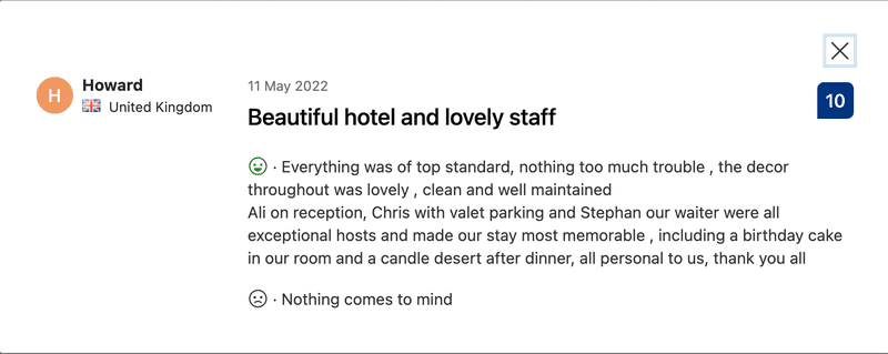 positive customer reviews for a hotel