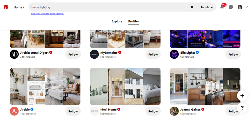 search for pinterest users or business profiles of your interest