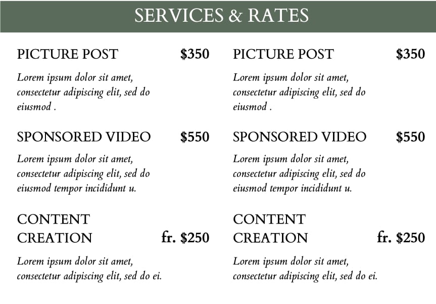 pricing and services in social media kit