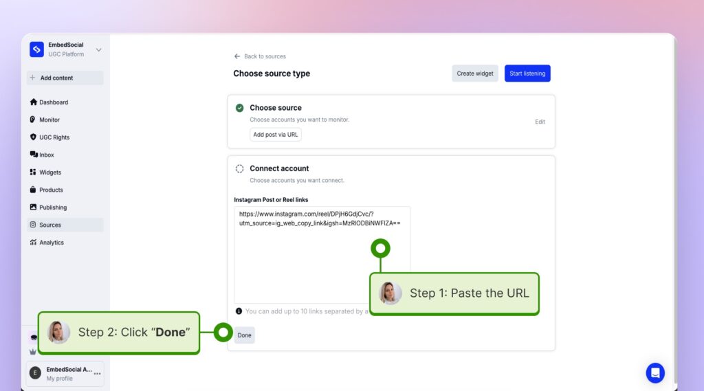 pasting the instagram reel code in embedsocial
