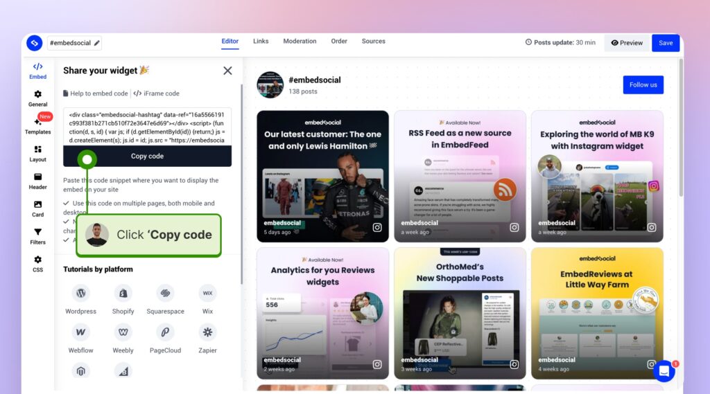 copying the embedsocial widget code