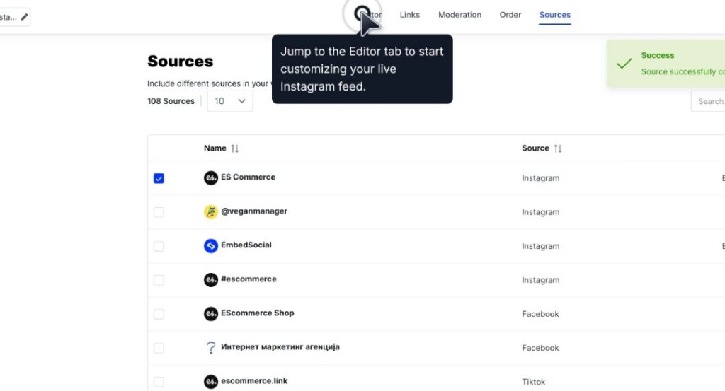 select your instagram source