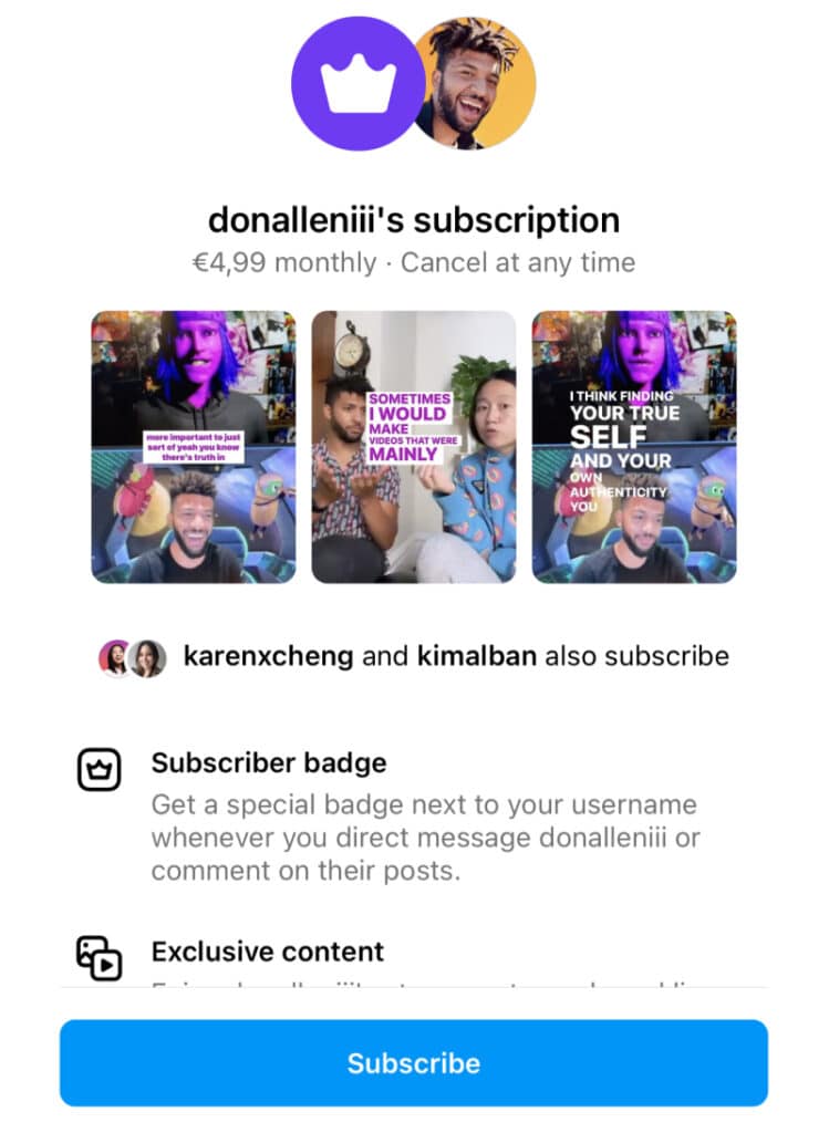 Instagram subscription page example