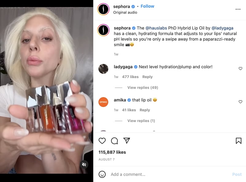 publicação de Lady Gaga como influenciadora do Instagram