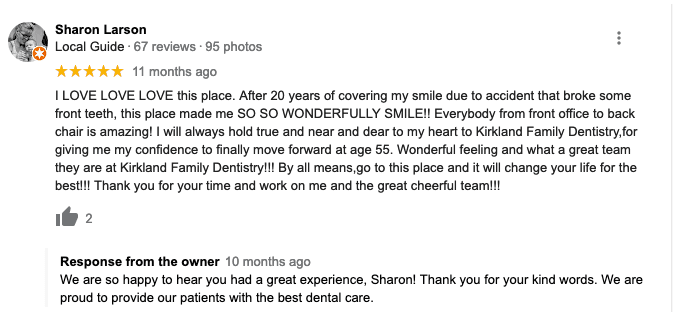 positive review response to dental office